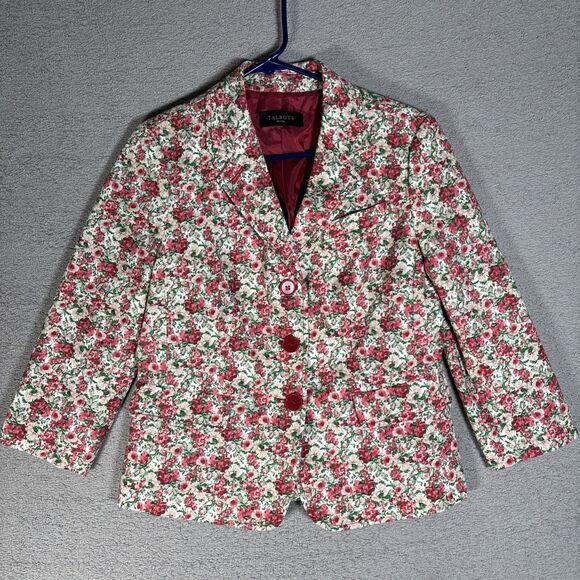 Talbots Petites Blazer PS Cream Rose Floral Canvas Knit Style Red Button Lined - Picture 1 of 13